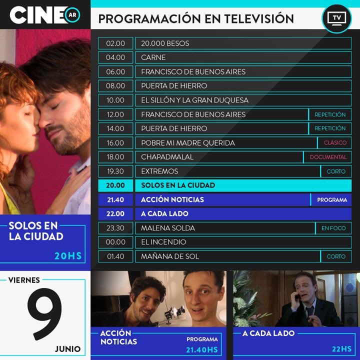¡Hoy a las 20hs!
<a href="/SolosEnLaCiudad/">Solos en la Ciudad</a> por <a href="/CINEAR_/">CINE.AR</a> 
#NoTeLaPierdas!!

@CableFibertel 40/299
@TeleCentroAr 33/400
<a href="/DIRECTVLA/">DIRECTV LatinAmerica</a> 512
#TDA 22.4