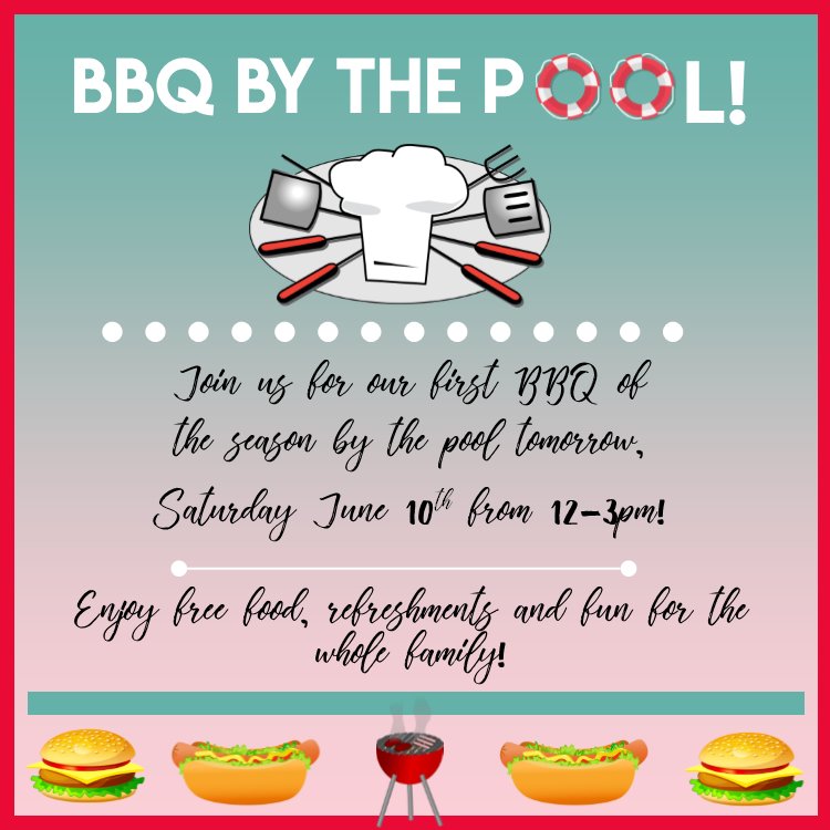 Join us tomorrow from 12-3 by the pool for our first BBQ of the season! #VSL #weloveourresidents #weloveBBQs