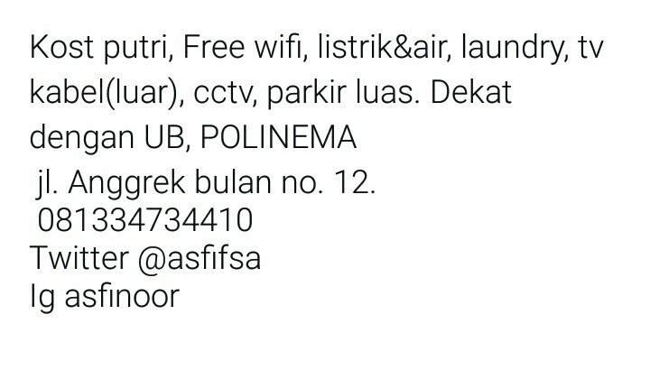 mahasiswamlg's tweet photo. Kost putri,Free wifi,listrik&amp;air,laundry,tv kabel(luar),cctv, parkirLuas
jl.AnggrekBulan no12 081334734410 @asfifsa
 https://t.co/kN9s6RZqYg