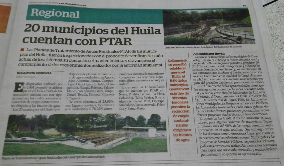 CAMHUILA's tweet photo. #LaCamEsNoticia en @diariodelhuila 20 municipios del #Huila cuentan con PTAR→ https://t.co/mZ7qnNCgro https://t.co/4U5LwNYHP0