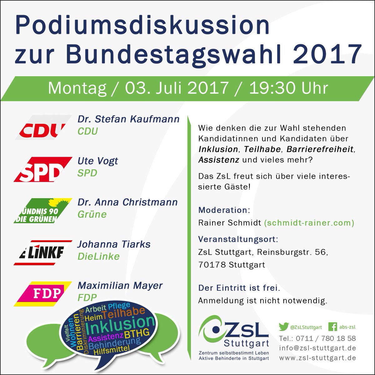 ZsLStuttgart's tweet photo. Die #BTW2017 ist nicht mehr weit, wir fühlen Stuttgarter KandidatInnen auf den Zahn. Am 03.07.17 im @ZsLStuttgart https://t.co/aLL74wTUja https://t.co/QMdB2UMct4