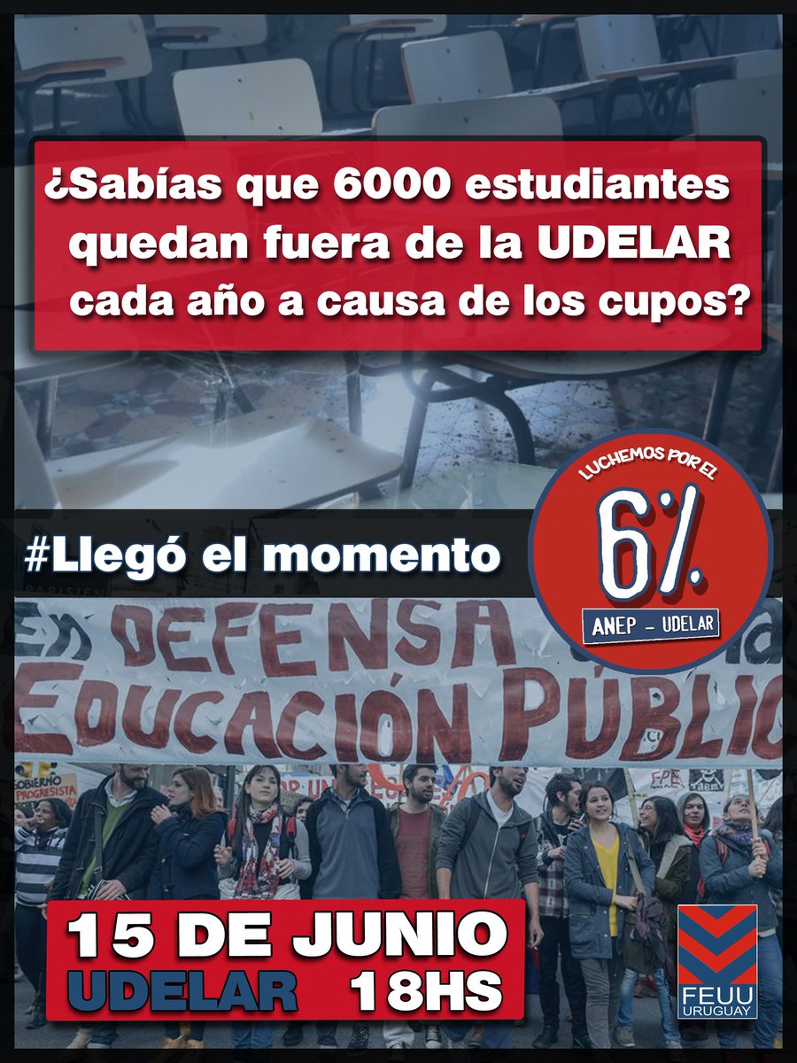 ¿Sabías que 6000 estudiantes quedan fuera de la UdelaR cada año a causa de los cupos? 
#LlegóElMomento DE ELIMINAR LOS CUPOS!