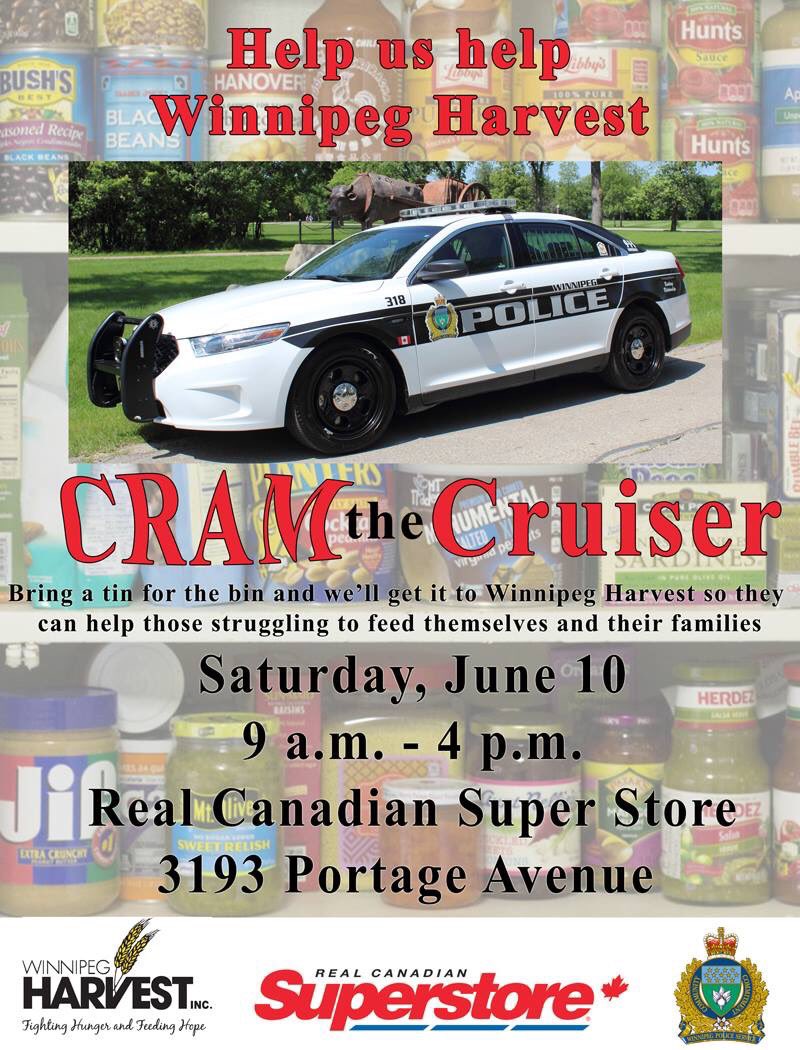 wpgpolice's tweet photo. Officers aim to Cram The Cruiser w/food donations for @WinnipegHarvest on Saturday at the @RealCdnSS(3193 Portage): https://t.co/pAl1cbJn8p https://t.co/8wEFDtIY2K
