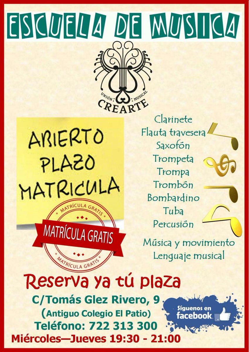 ✏✏Escuela  de #Musica 🎼🎵de @CreArte_music. MATRICULA #gratis !!!🤗😊
