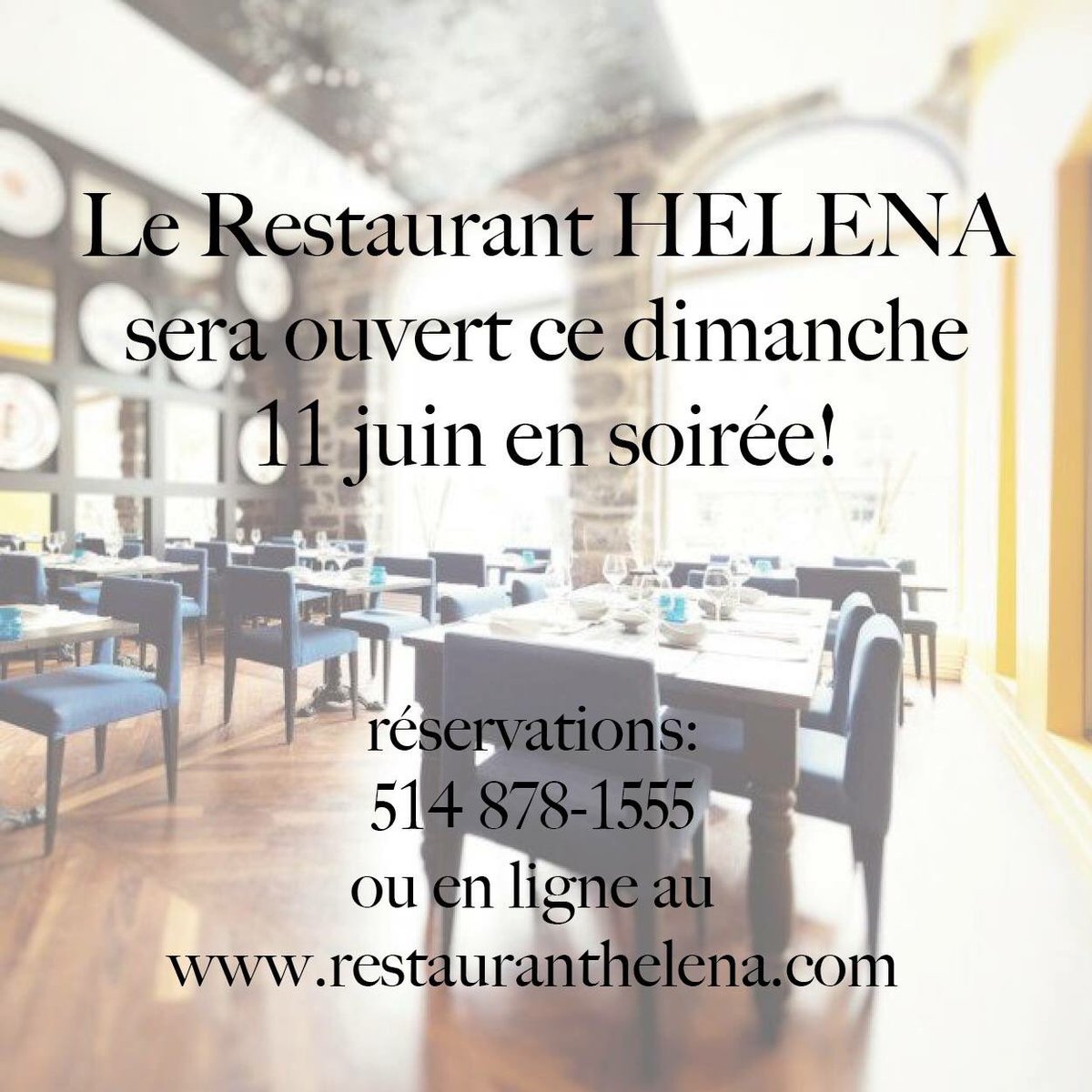 Venez terminer ce beau week-end au <a href="/HelenaMtl/">Restaurant Helena</a> ce dimanche: nous serons ouverts en soirée!