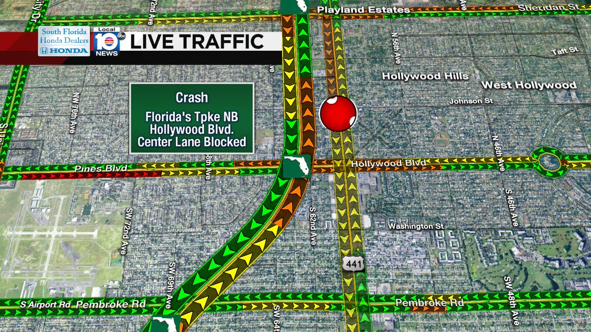 CRASH: Florida's Tpke NB & Hollywood Blvd. A center lane is blocked. Expect delays. #TRAFFIC https://t.co/xFI9vxp5Cz