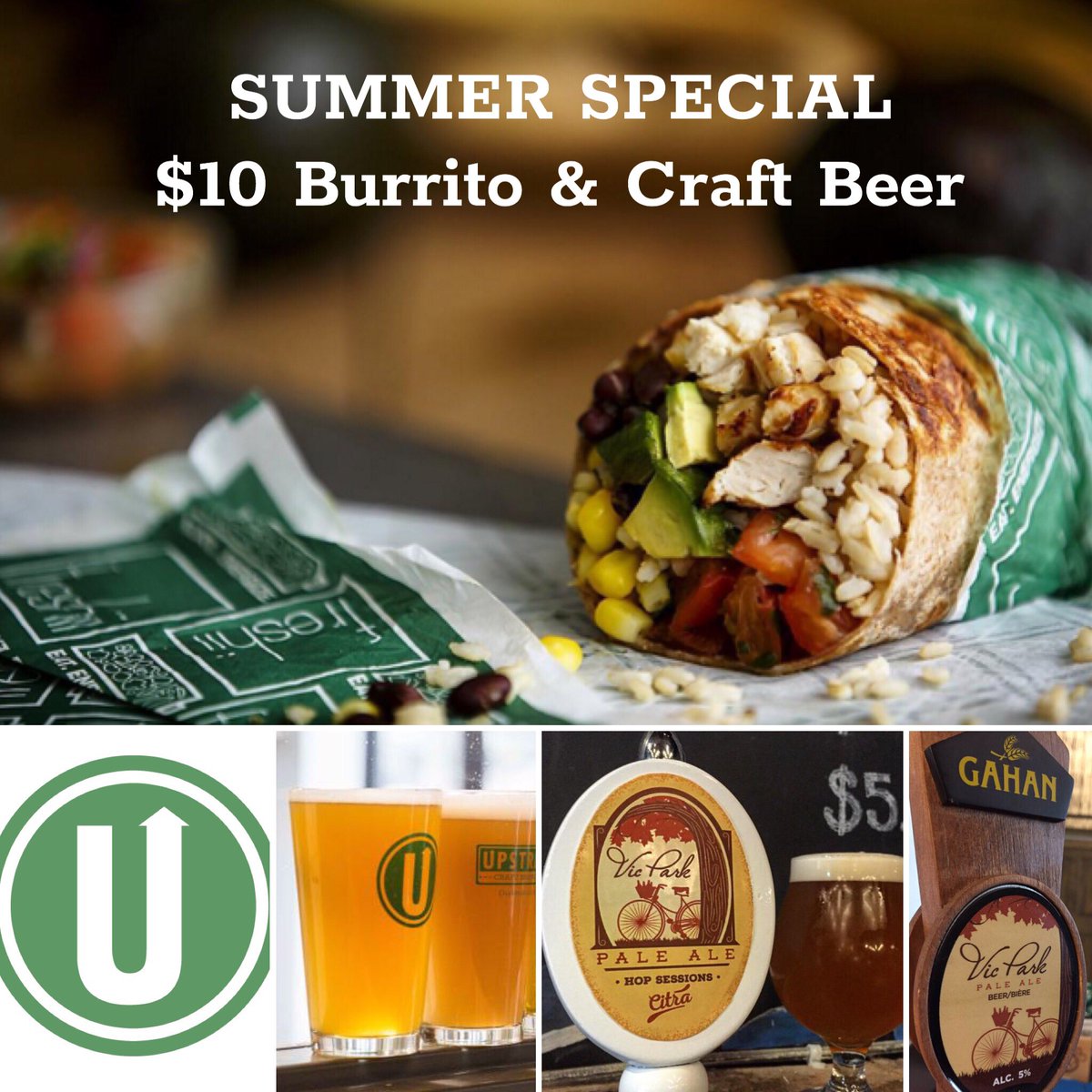 133_queen's tweet photo. Check out this $10 SUMMER SPECIAL! @UpstreetBrewing Commons Pilsner / @peibrewing Vic Park Pale Ale and any Burrito! All. Summer. Long. https://t.co/g6hWqBFJgG