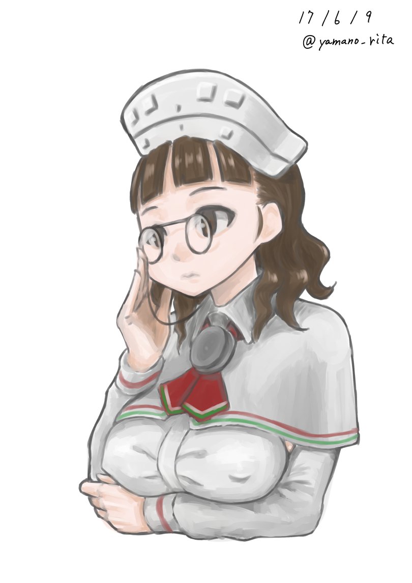 roma (kancolle) 1girl solo glasses eyewear strap brown hair capelet white background  illustration images