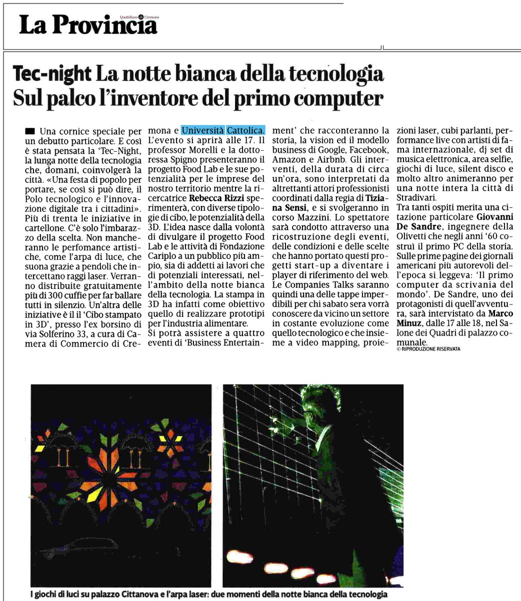 Unicatt's tweet photo. Adesso gli #alimenti si stampano in #3D! Vieni a scoprirli sabato sera alla #TecNight di #Cremona con FoodLab @FondCariplo @laprovinciacr https://t.co/Wn3jgcbAlb