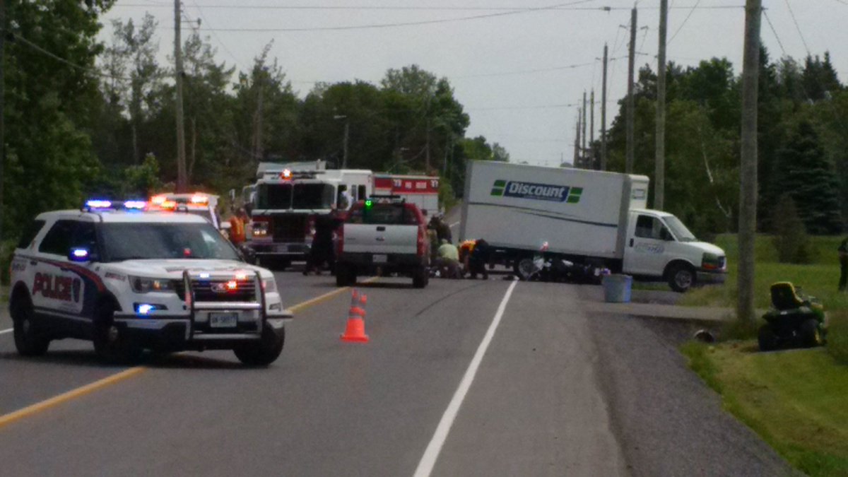 The crash involves a large cruiser-style motorcycle and a Discount cube van. Fire and EMS working on the scene. https://t.co/LlXZLXKC6x