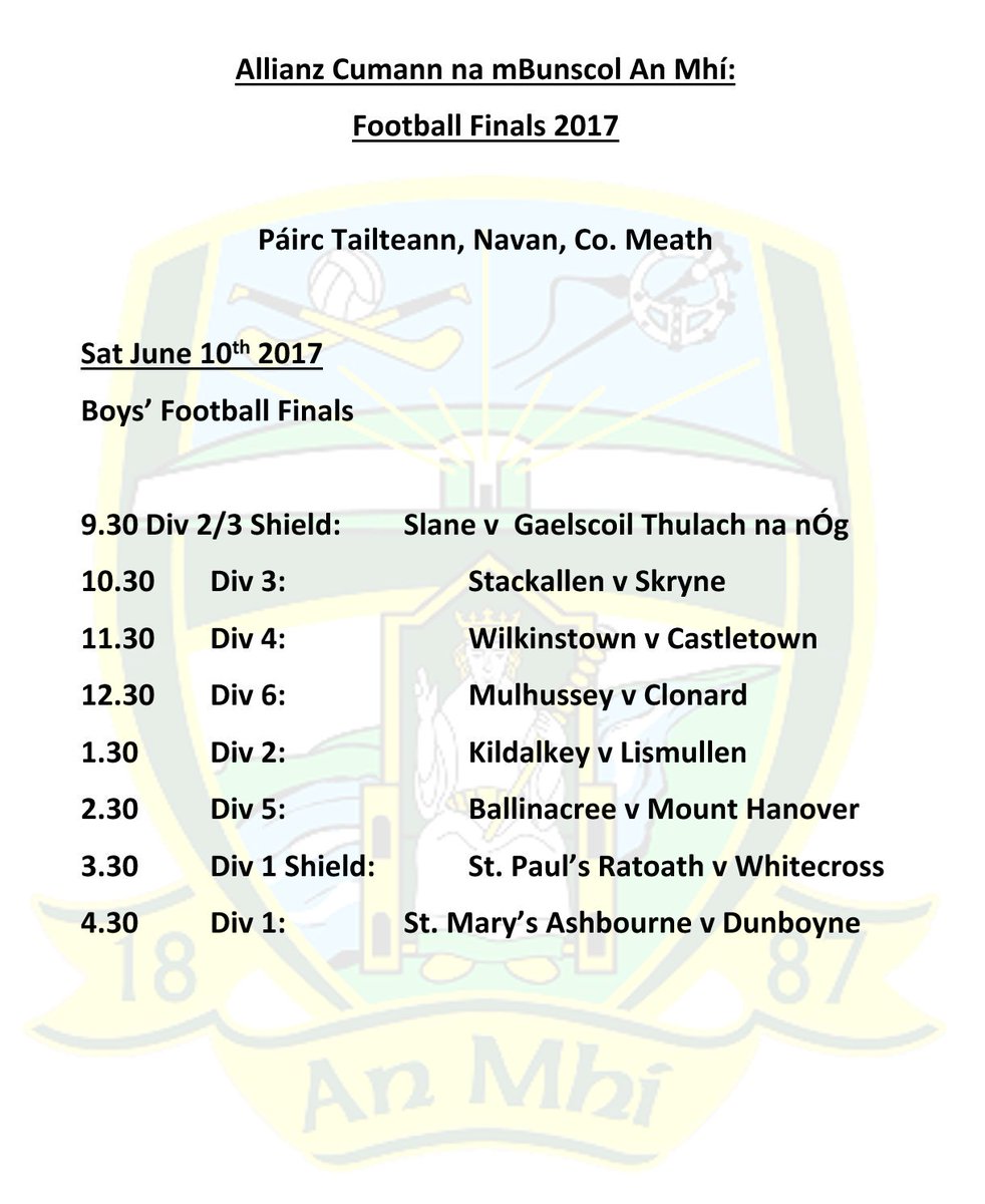 Allianz Cumann na mBunscol Boys' Football finals tmrw in #PáircTailteann.  First game at 9.30am. <a href="/Slanens/">Slane NS</a> <a href="/SlaneGFC/">Slane GFC</a> <a href="/DunboyneGAA/">St. Peter's Dunboyne GAA</a> <a href="/GsThulach/">GS Thulach na nÓg</a>