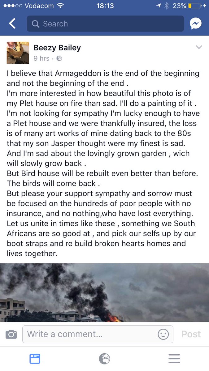 MandyWiener's tweet photo. Powerful, poignant post by artist Beezy Bailey who lost his Plett house in the fires. #KnysnaFire #Plett https://t.co/9Jr39qS4uz