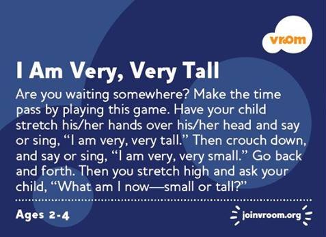 joinvroom's tweet photo. Your child learns concepts like small &amp; tall best by acting them out. This song helps your child w/ focus, memory, and directions. #VroomTip https://t.co/5R5PMF7osh