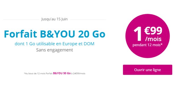 Frandroid's tweet photo. 🔥 #BonPlanFrAndroid 🔥  Le forfait 20 Go de B&amp;You est de retour à 1,99 € par mois pendant 1 an ! 😍😍😍 👉 https://t.co/majLamSZ6c https://t.co/vBGzodN3wP