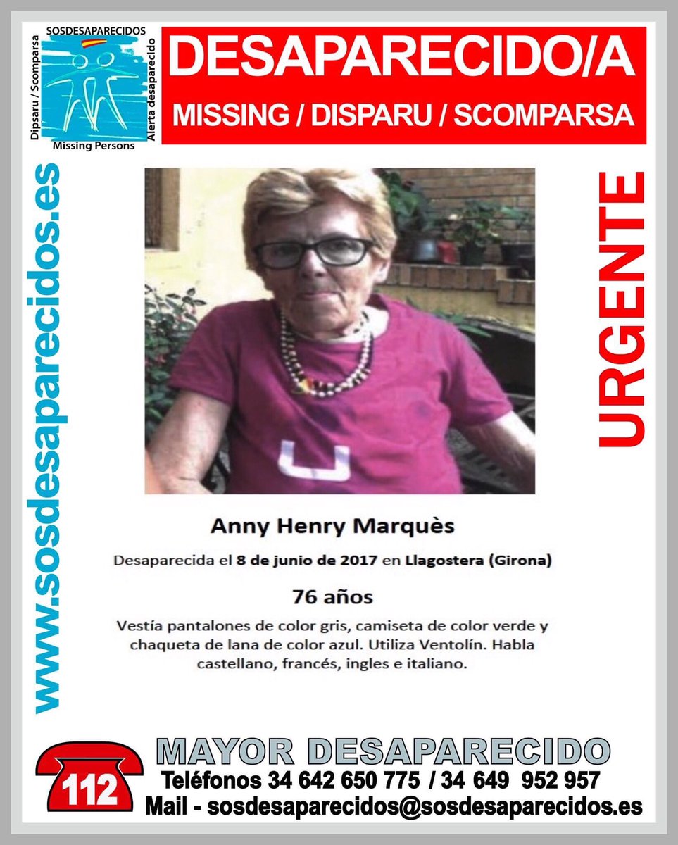 #Urgente
Anny es una #mayor que ha #desaparecido en Llagostera #Girona
Si la ves
#062
#112
Tu RT cuesta muy poco y ayuda mucho