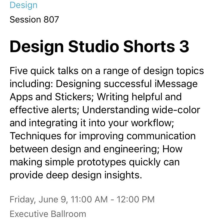 heylaurengrimm's tweet photo. #DesignStudioShorts at 11a covers FIVE #Design topics 📲 #Prototyping #Alerts #P3Display #Communication #iMessageApps - cya there #WWDC17 !! https://t.co/g8Sb2hL9pH