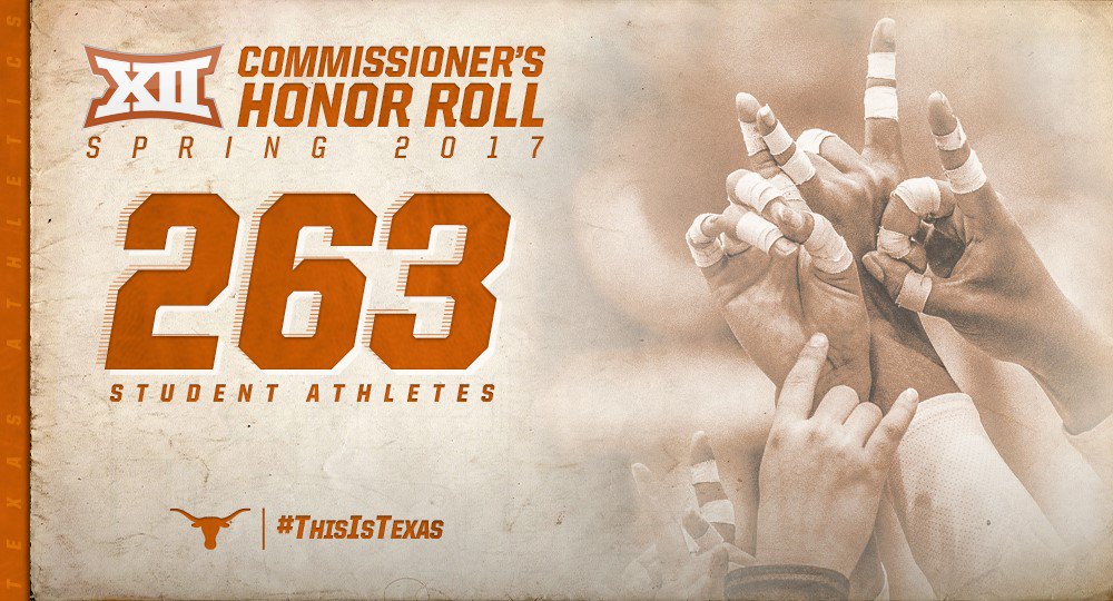 TexasLonghorns's tweet photo. Proud of our 2⃣6⃣3⃣student-athletes who earned a spot on the #Big12 Honor Roll 🤘#Hookem #ThisIsTexas 
Details ➡️ https://t.co/IdUMUro2z4 https://t.co/DPqsIDOUhh