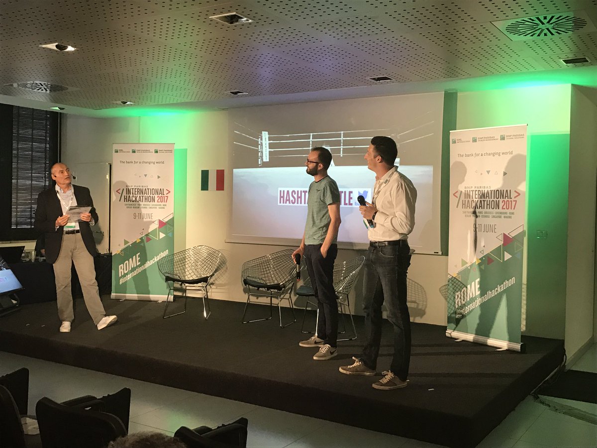 What is an hackathon? On stage <a href="/frnwtr/">Walter Franchetti</a> &amp; <a href="/DiegoBanovaz/">Diego Banovaz 🏝️</a>, winners of 2016 <a href="/BNPParibas/">BNP Paribas Group</a> #internationalhackathon edition! #Rome @BNLPeople