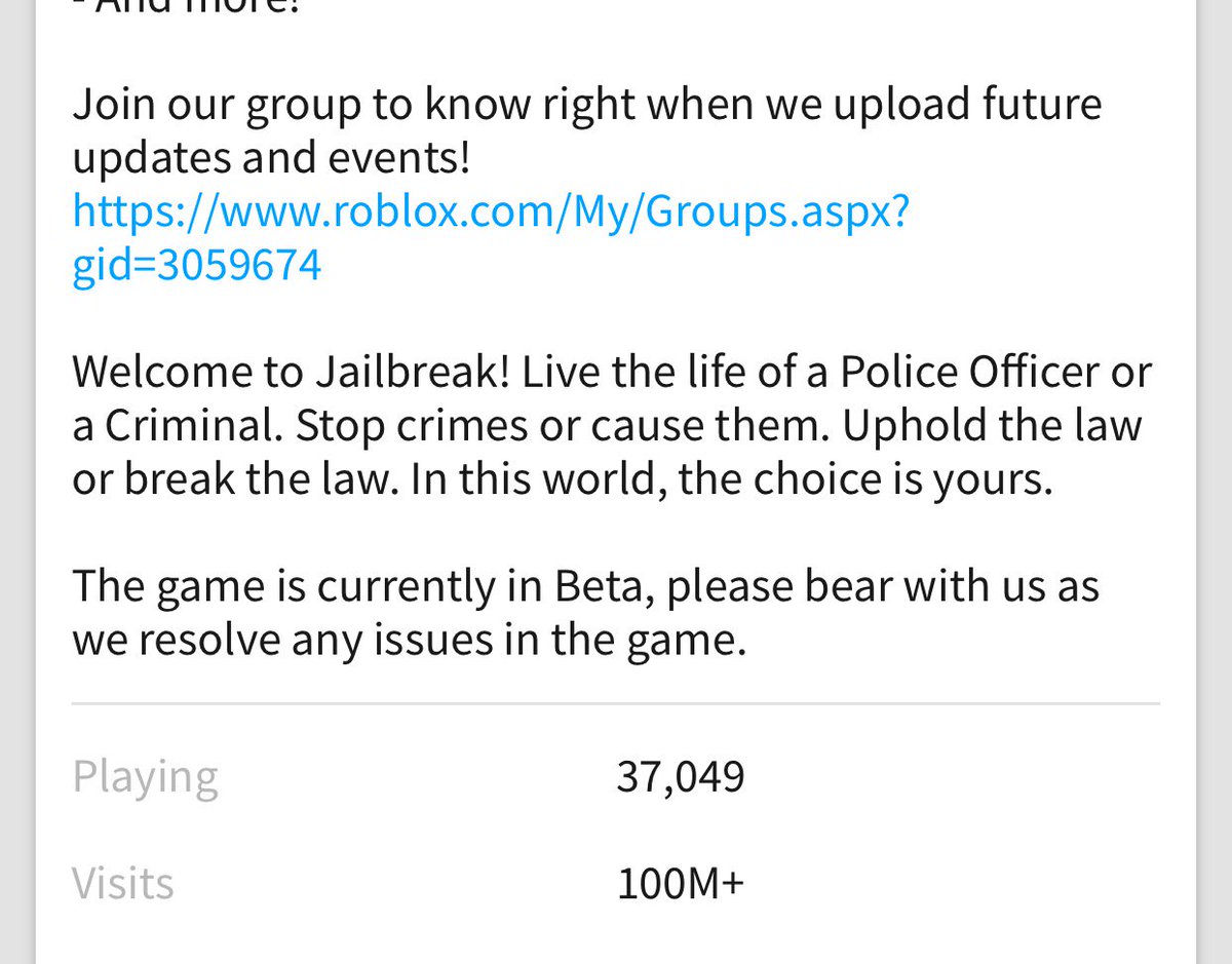 Asimo3089 On Twitter Jailbreak Just Hit 100 Million Place Visits In Under 7 Weeks Insane Thank You Everybody On Roblox For The Continued Support Badccvoid Https T Co Pujs6cqobn - asimo3089 on twitter contact roblox