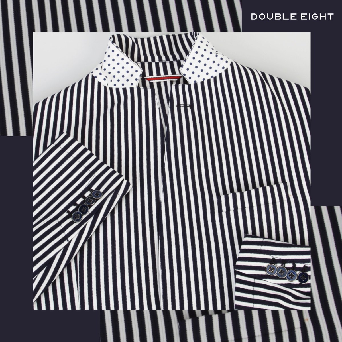 Double8Jackets's tweet photo. Un mix di contrasto tra pois e righe per un'armonico stile casual chic. #DoubleEight #Menswear #giacca Ahoy8 su https://t.co/1FqCq66Geb https://t.co/WyGgHaTAMM