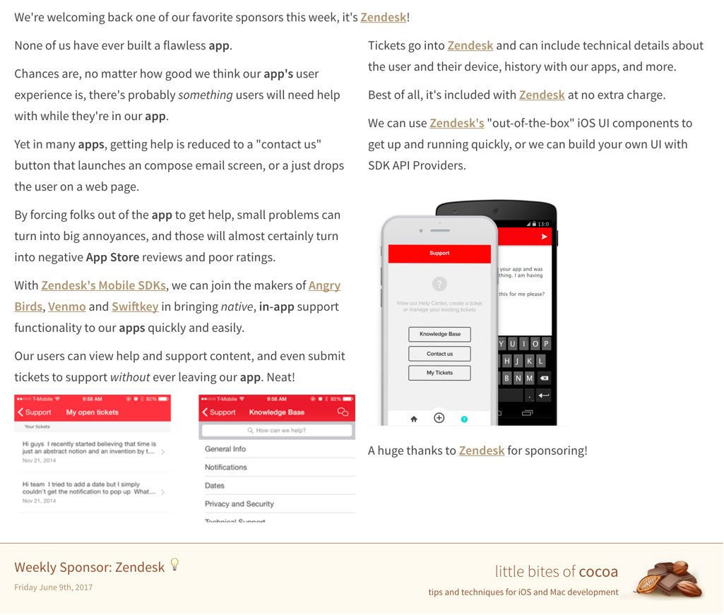 Weekly Sponsor: Zendesk 💡

Web version: buff.ly/2r31xrz

Zendesk's in-app support SDK is awesome, try it!