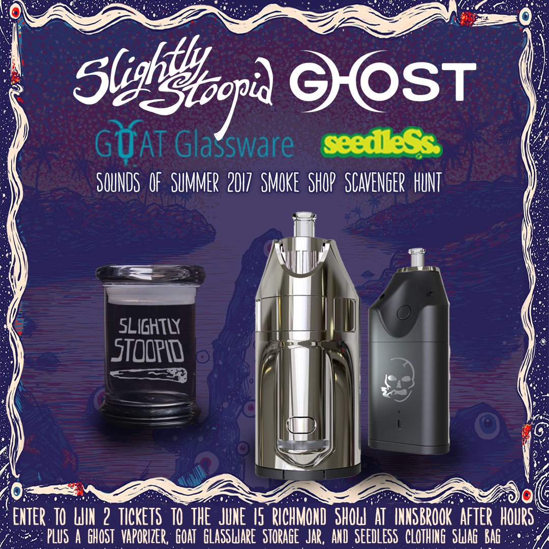 SlightlyStoopid's tweet photo. Richmond! Enter 2 win tix to our 6/15 @InnsbrookAH show @ghostvapes vape @GOATglassware jar &amp; @seedleSsmadneSs swag at Green House Glass! https://t.co/rylie27fIk