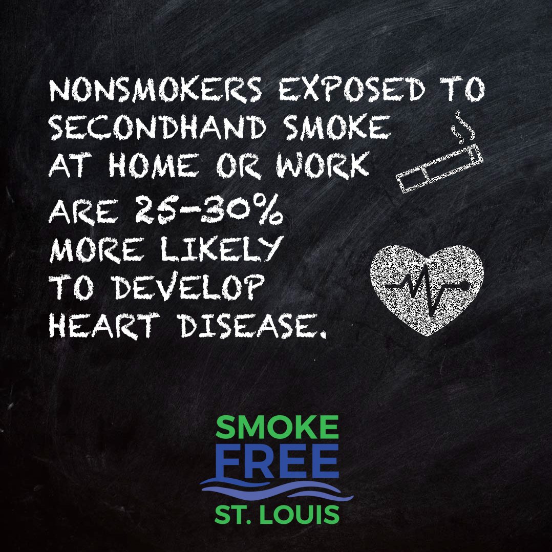 SmokeFreeSTL's tweet photo. According to the CDC, secondhand smoke greatly increases your risk of heart disease -- by up to 30%. #SHSFacts https://t.co/EBnLbxAFbO