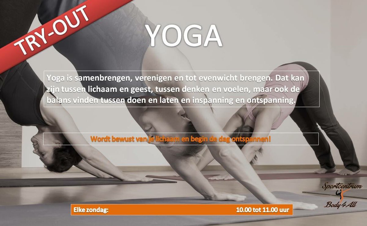 Body4AllAssen's tweet photo. Pak nu je kans en doe mee met onze Gratis Proefles!
Neem je vriend/vriendin of familie mee. 

Deel &amp; Like! @Body4AllAssen #yogainassen https://t.co/TpUlsAJYYM