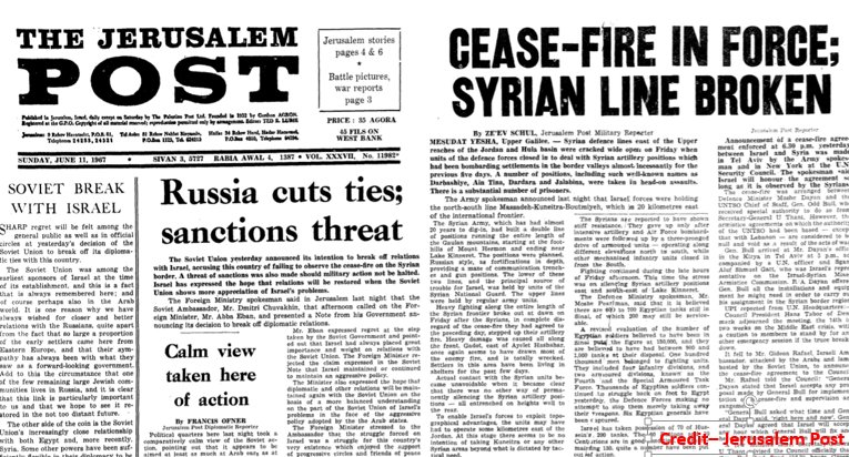 ThenandNow67's tweet photo. This is @Jerusalem_Post's 11.6.67 #news headlines, reporting the end of the #SixDayWar,50 years ago today! https://t.co/Ur26arWCeT