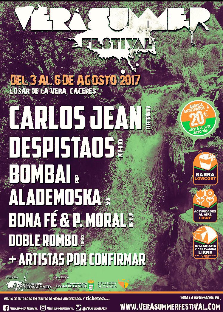 verasummerfest's tweet photo. CARTEL DE #VERASUMMER17 con @carlosjean @Despistaos @bombaioficial @ALADEMOSKA @doblerombo y más artistas por confirmar. https://t.co/1JI4BfesFV