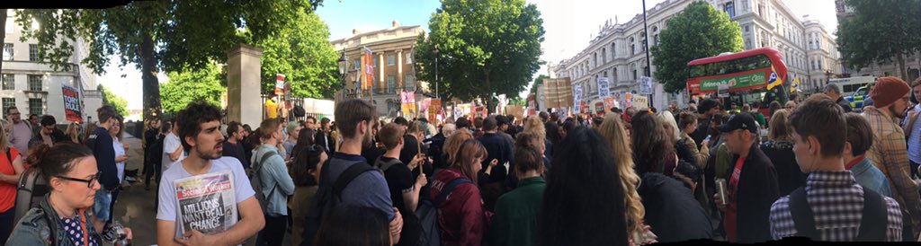 UKuncut's tweet photo. Spontaneous protest at Downing Street against May's coalition of chaos #dupcoalition https://t.co/SDGj23DGiw