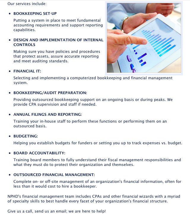NonProfit HelpDesk (@nonprofithd) on Twitter photo Check out our list of amazing services and educational trainings on managing your finances as a nonprofit. Email us at leora@nphd.org today! Check out our list of amazing services and educational trainings on managing your finances as a nonprofit. Email us at leora@nphd.org today!