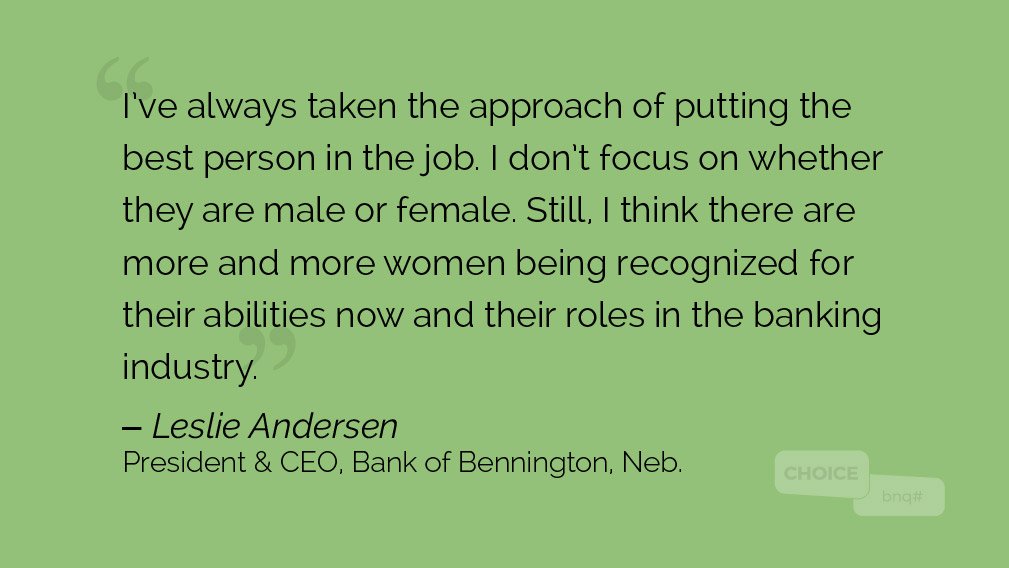 choicebnq's tweet photo. Pres/CEO Leslie Andersen (@bankbenn) on #womeninbanking from @BankingExchange https://t.co/gizbHe70wU. #onlinelending #communitybanking https://t.co/Xcqk5wr69q
