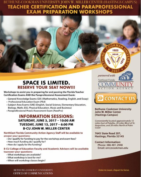bethunecookman's tweet photo. Teacher Certification and Paraprofessional Exam Preparation Workshops!-- See flyer for more details. #BCUForward #BCUBuildingBridges https://t.co/vL4SYFLbv4