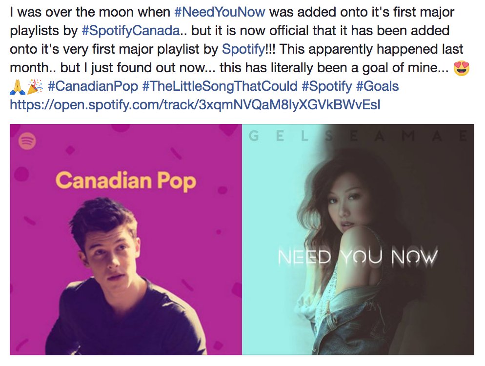 gelseamae's tweet photo. Thank you @Spotify for featuring #NeedYouNow on #CanadianPop 😍🙏🎉 
https://t.co/JhTWhmIKpN https://t.co/EIs4toinL5