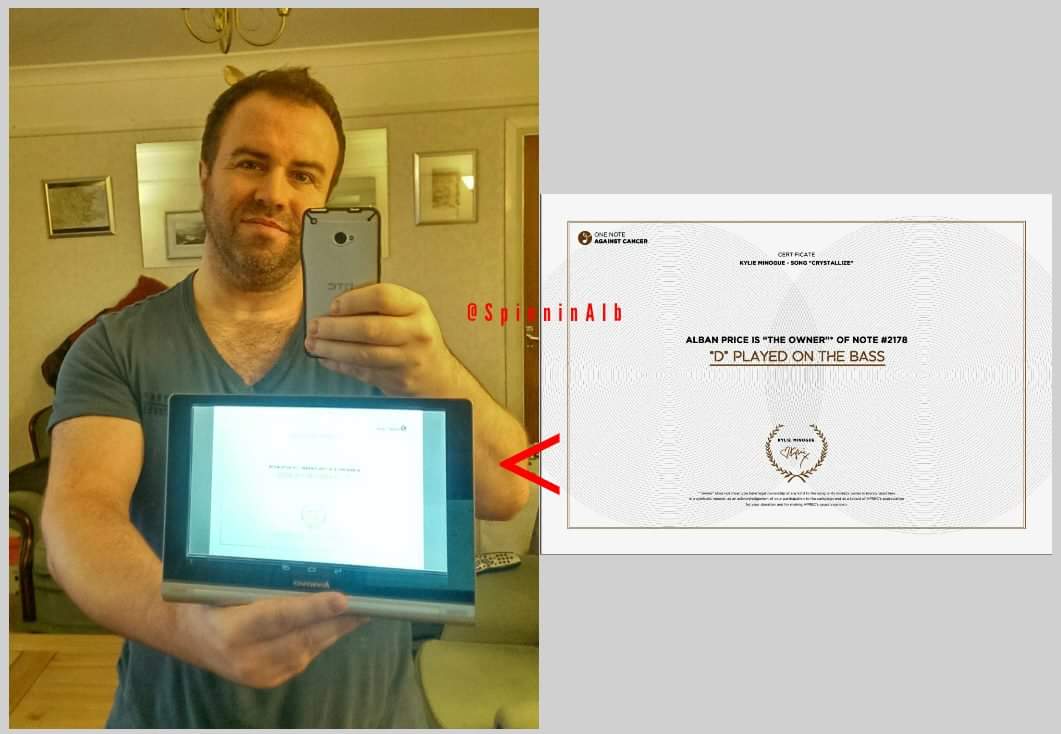 SpinninAlb's tweet photo. 3yrs ago Crystallize by @kylieminogue was released to raise money for #OneNoteAgainstCancer
Here is me, proud owner of part of the song https://t.co/cNnDyxBgEz