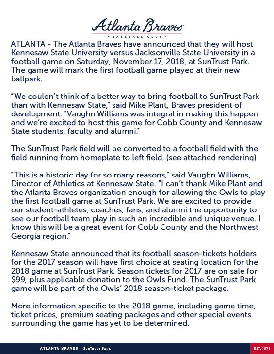 Braves's tweet photo. #Braves Announce @KSUOwlNation Football Game At @SunTrustPark November 17, 2018: https://t.co/PWyBZiGCWh