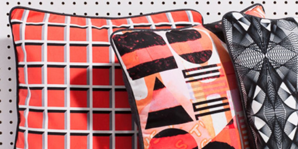 Oden_Gallery's tweet photo. A printed pillow with geometric shapes and mid-century vibe from @AntipodWorkshop https://t.co/Qm3OQpG1RN