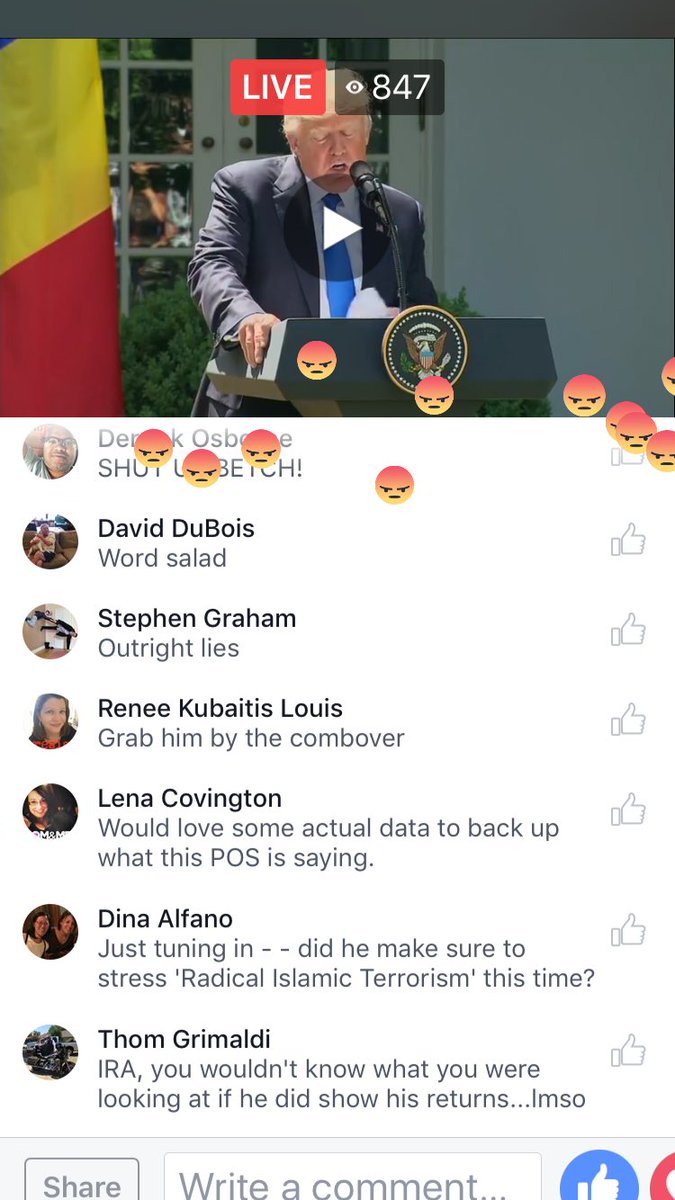 TFW you're the President live on Facebook and it's just a sea of angry faces. #Resist #Impeach #OutrightLies