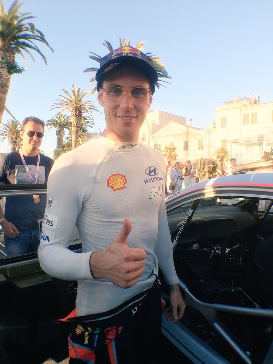 thierryneuville's tweet photo. From 9th to 2nd position! What a day! #TightFight #ThumbsUp #RallyItalia #HyundaiWRC https://t.co/0uHTIvoFaF
