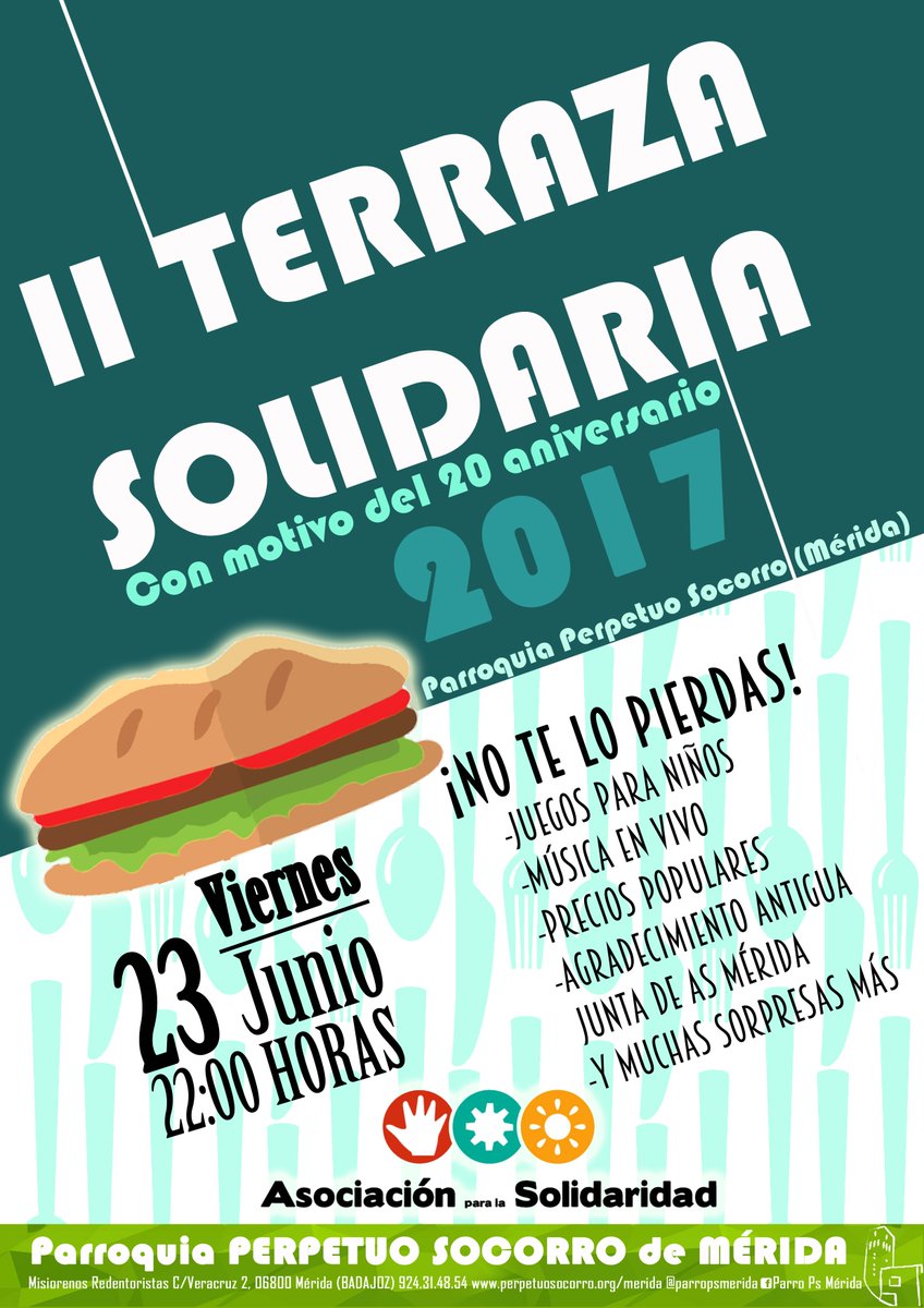 El viernes 23 de junio a las 22:00 horas, #TerrazaSolidaria en AS #Mérida <a href="/ParroPSMerida/">Parroquia PS Mérida</a> asolidaridad.org/index.php/2017…