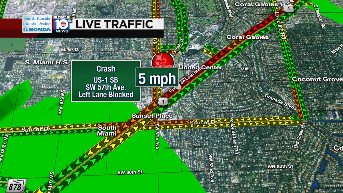 CRASH: US-1 SB & SW 57th Ave. A left lane is blocked, traffic barely moving at 5 MPH. Expect heavy delays. #TRAFFIC https://t.co/K0uouWrhPp