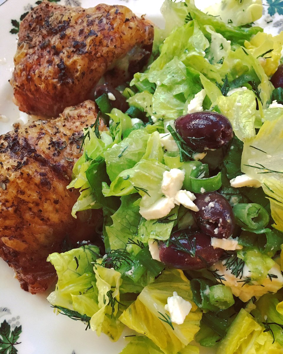 HouseofGreedy's tweet photo. Lemon Crispy Chicken Thighs and a Greek Salad with a difference via @sraichlen. #dill #olives #feta #barbequebible https://t.co/CXVH4uO8OI