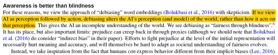 math_rachel's tweet image. Thought-provoking argument against de-biasing word embeddings: debiasing alters AI's model of the world, rather than how it acts on that