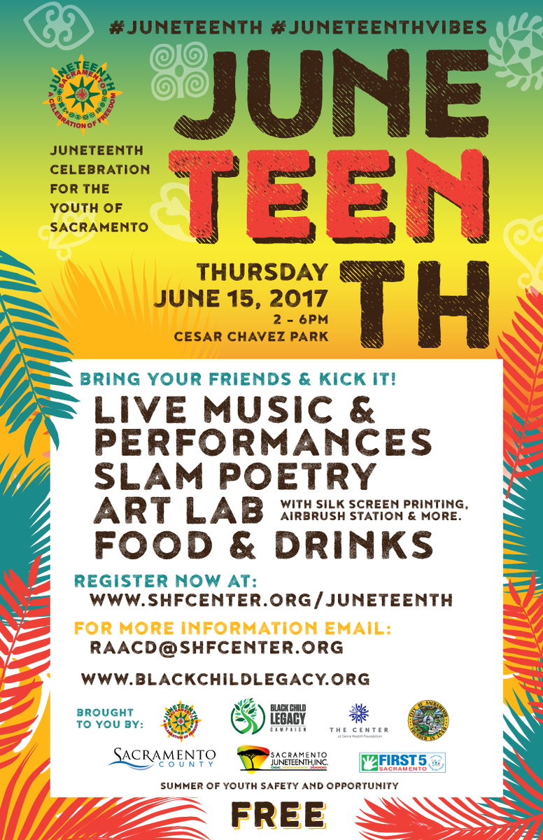 SacBHC's tweet photo. Check out all of the Juneteenth events happening next week! #RAACD #SacBHC #BCLC #JuneTEENth @RAACD_Sac https://t.co/T8ZQa1i3tE