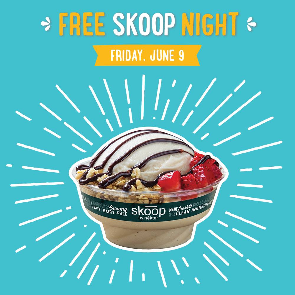 It's FREE Skoop Night at <a href="/NekterJuiceBar/">Nekter Juice Bar</a> from 6pm-closing. Only at Nekter locations serving #Skoop: bit.ly/2rRM9zd #OCEvents
