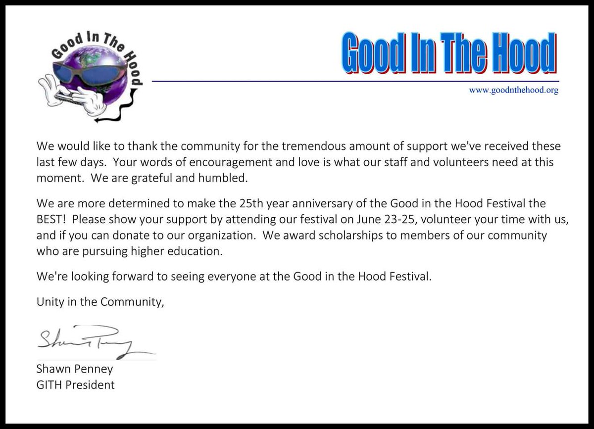 A statement from the President of the Good in the Hood Nonprofit Organization, Shawn Penney.