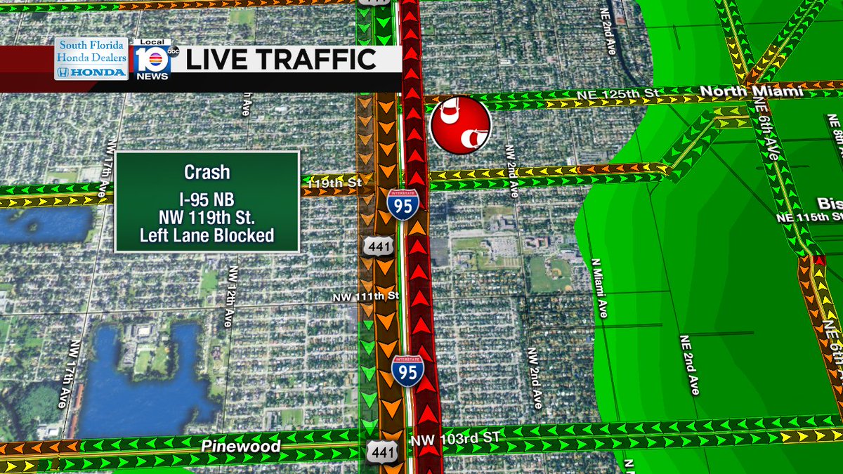 CRASH: I-95 NB & NW 119th St. A left lane is blocked. Expect delays. #TRAFFIC #MIAMI https://t.co/9CyVhWTwKJ