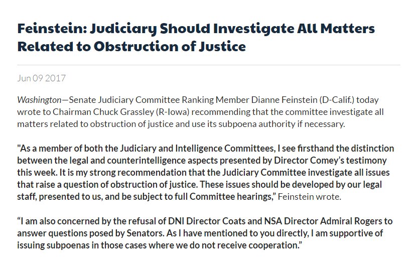 kylegriffin1's tweet photo. NEW: Dianne Feinstein has written to Grassley recommending the Judiciary Cmte investigate all matters related to obstruction of justice. https://t.co/Vx2ETECxQq