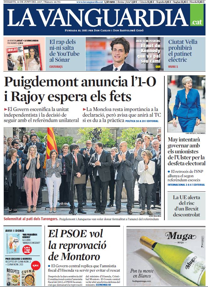 “Puigdemont anuncia l’1-O i Rajoy espera els fets”, a la portada d’aquest dissabte lavanguardia.com/encatala/20170…